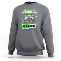 Charcoal gray crewneck sweatshirt with controller law technician graphic, long sleeves.