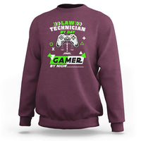 Maroon crewneck sweatshirt with controller law technician graphic, long sleeves.
