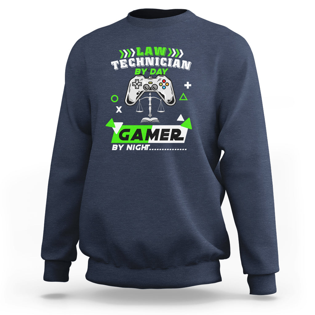 Navy crewneck sweatshirt with controller law technician graphic, long sleeves.