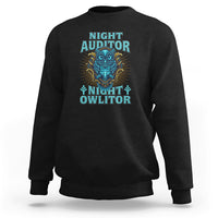 Black sweatshirt with colorful owl graphic and stacked text front print