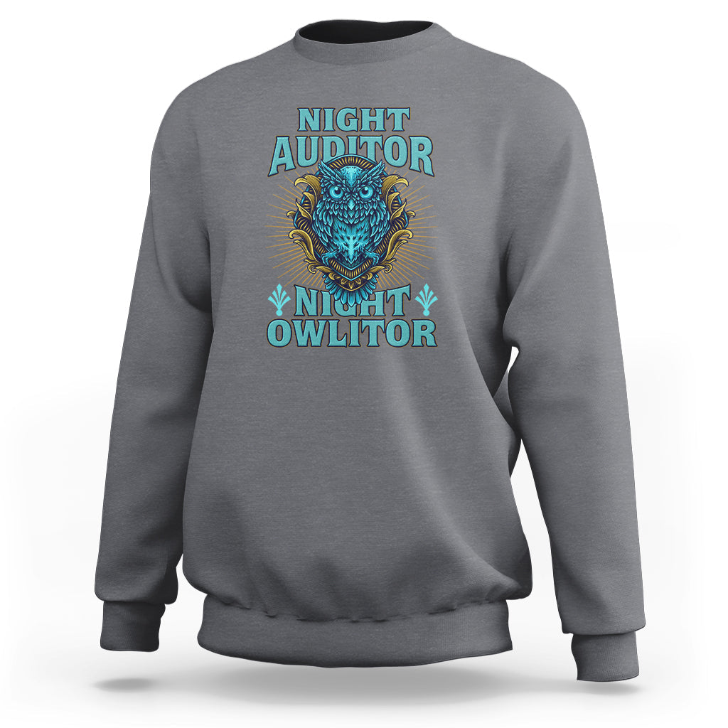 Gray sweatshirt with colorful owl graphic and stacked text front print