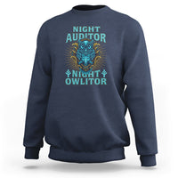 Navy sweatshirt with colorful owl graphic and stacked text front print