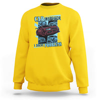 Daisy yellow crewneck sweatshirt with colorful car inspector graphic and slogan on chest