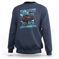 Navy crewneck sweatshirt with colorful car inspector graphic and slogan on chest