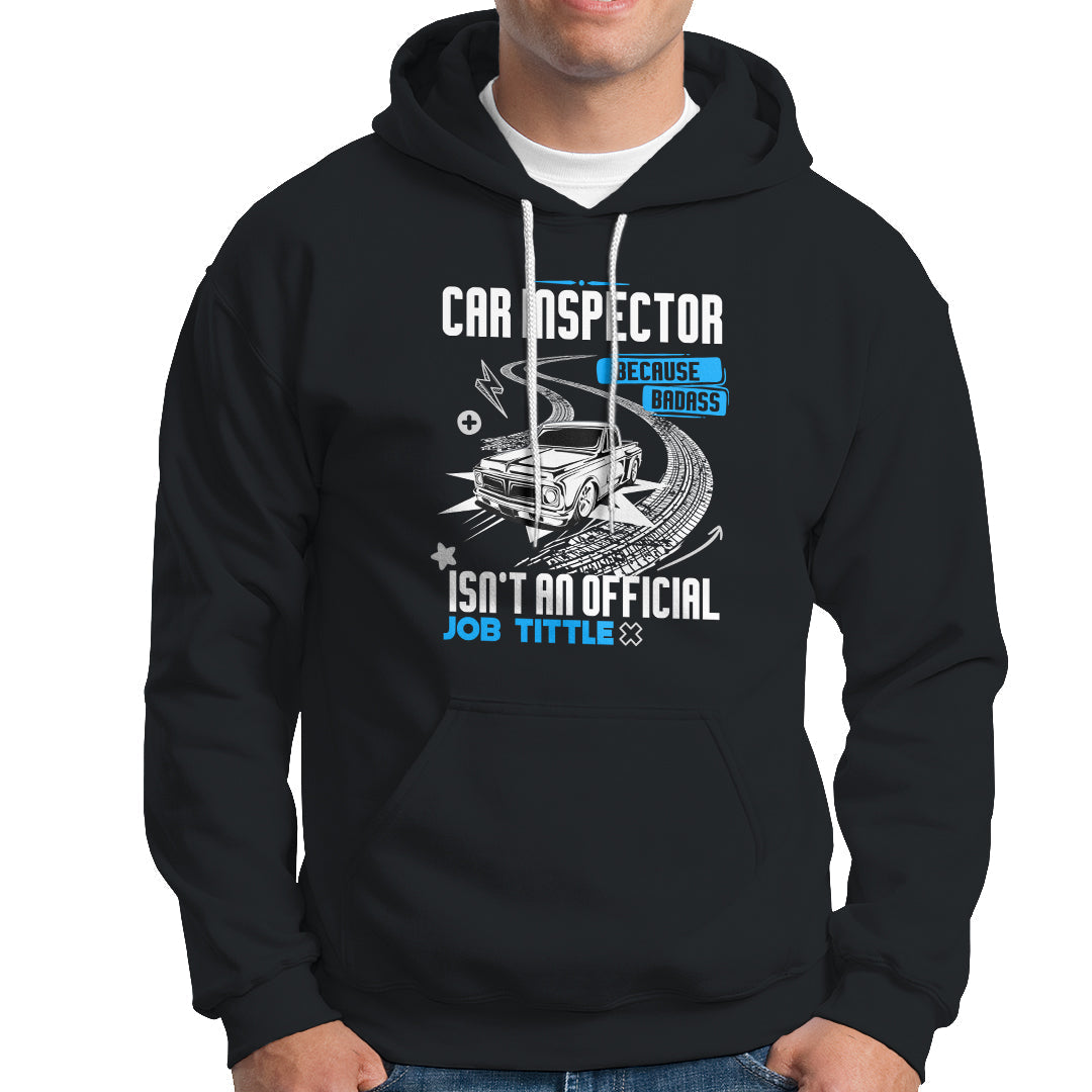 Black car inspector hoodie with front car graphic and slogan print, pullover with hood