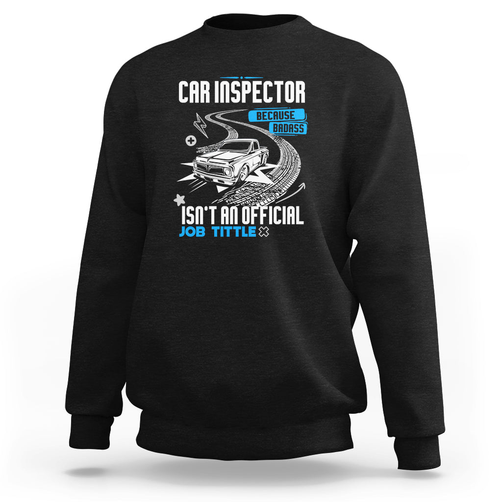 Black sweatshirt with CAR INSPECTOR front graphic and car illustration.