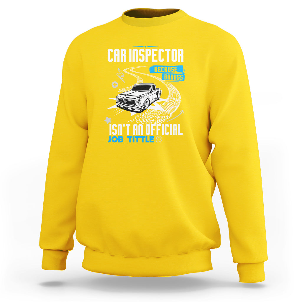 Daisy yellow sweatshirt with CAR INSPECTOR front graphic and car illustration.