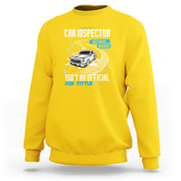 Daisy yellow sweatshirt with CAR INSPECTOR front graphic and car illustration.