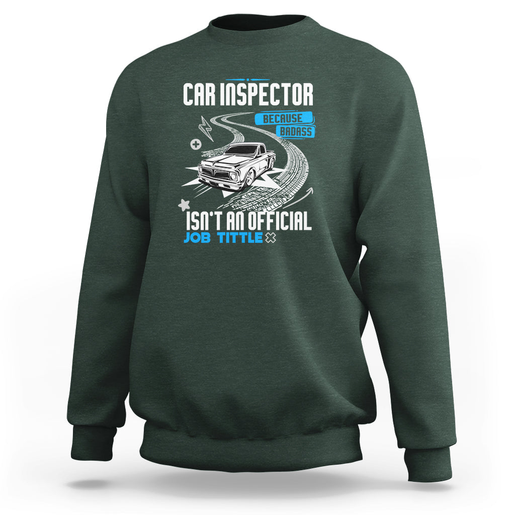Dark forest green sweatshirt with CAR INSPECTOR front graphic and car illustration.