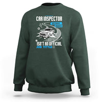 Dark forest green sweatshirt with CAR INSPECTOR front graphic and car illustration.