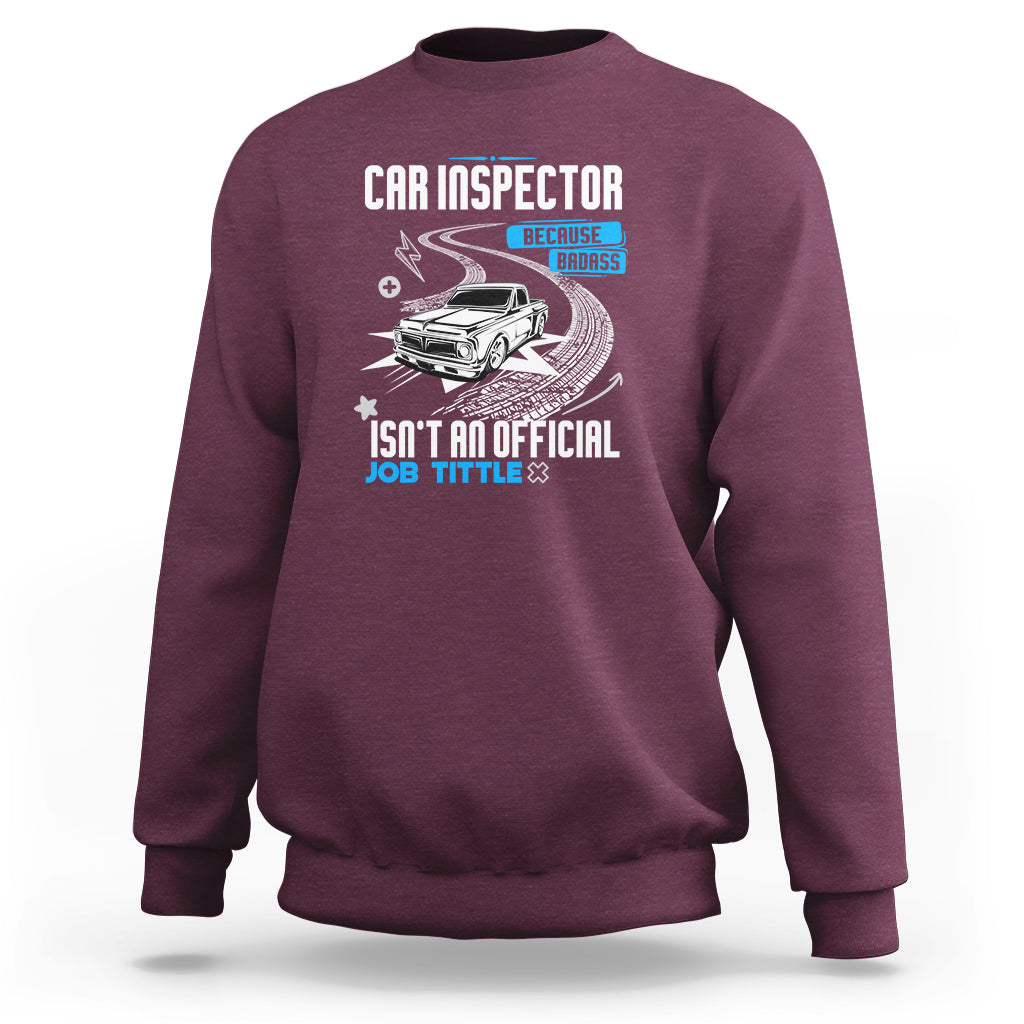 Maroon sweatshirt with CAR INSPECTOR front graphic, car illustration, and stars.