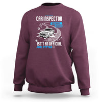 Maroon sweatshirt with CAR INSPECTOR front graphic, car illustration, and stars.