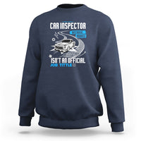 Navy sweatshirt with CAR INSPECTOR front graphic, car illustration, and slogan.