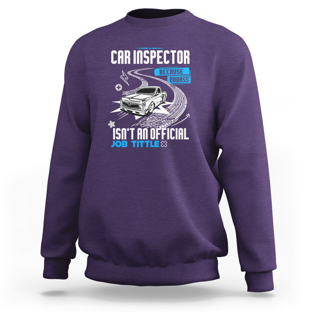 Purple sweatshirt with CAR INSPECTOR front graphic and car illustration.