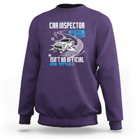 Purple sweatshirt with CAR INSPECTOR front graphic and car illustration.