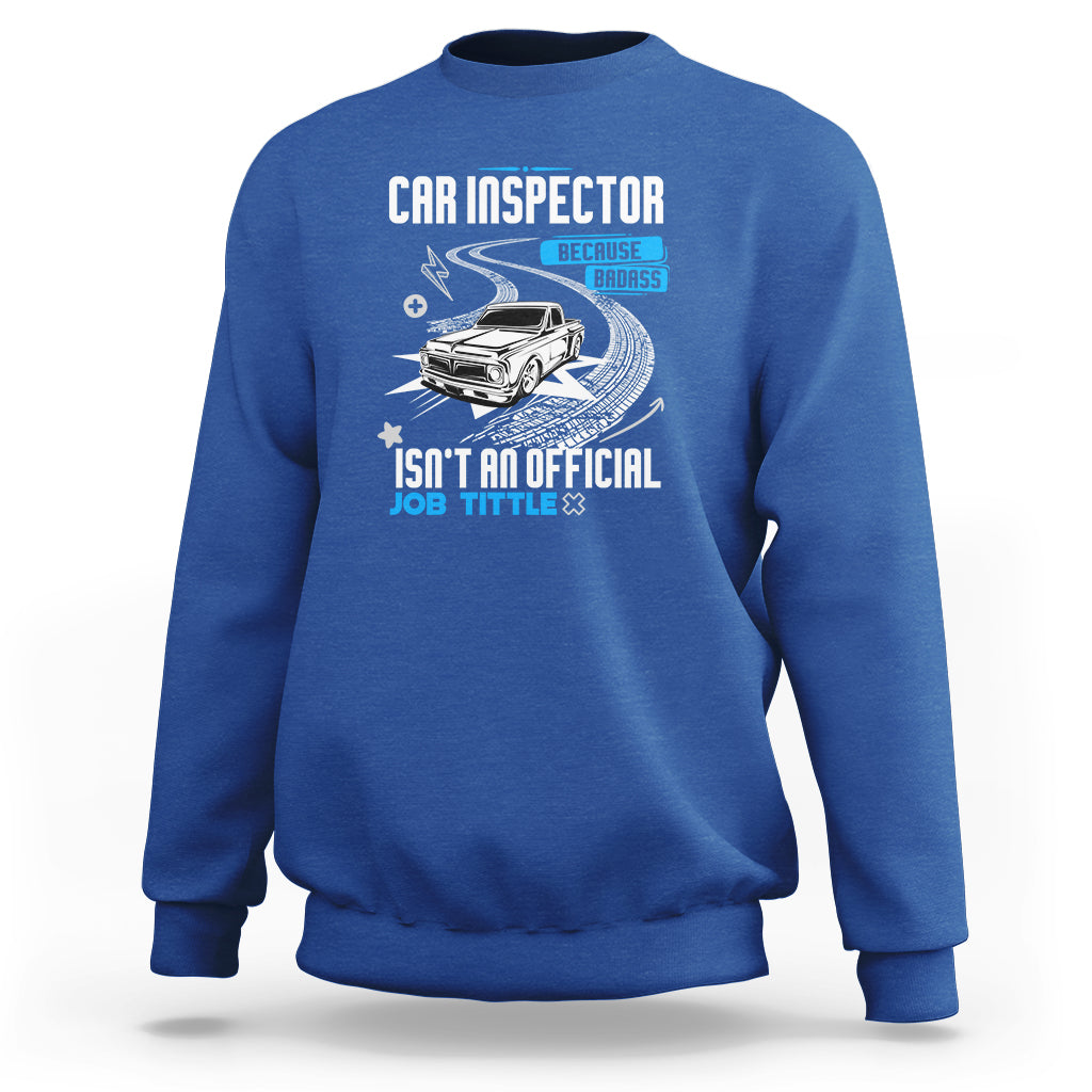 Royal blue sweatshirt with CAR INSPECTOR front graphic and car illustration.