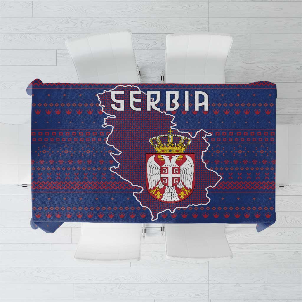 Serbia-themed tablecloth with blue base, red map and crest, central 'Serbia' text