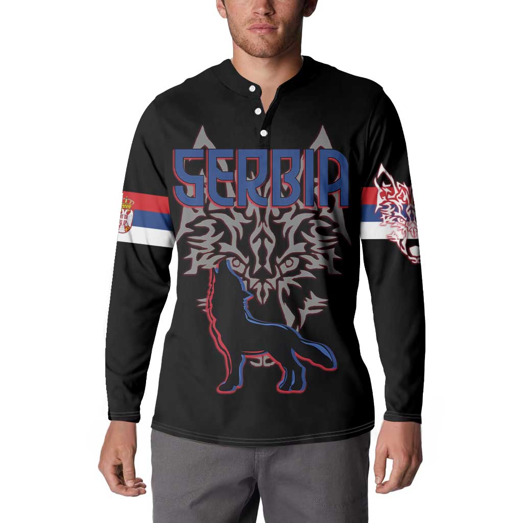 Serbia Button Sweatshirt with Wolf Head Graphic, Howling Wolf, and National Flag Stripes