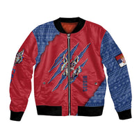 Unisex bomber jacket, red/blue with wolf claw graphic, full-zip front, flag sleeve