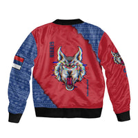 Unisex bomber jacket back, red/blue panels with colorful wolf head graphic, ribbed hem