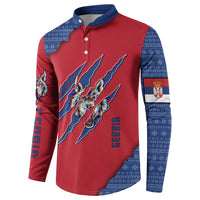 Serbia Button Sweatshirt with Balkan Gray Wolf, Claw Marks, and Flag Sleeve Design