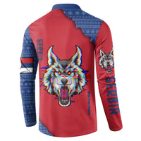 Serbia Button Sweatshirt with Balkan Gray Wolf, Claw Marks, and Flag Sleeve Design