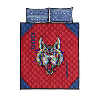 Red quilt bed set with centered colorful wolf face, blue border, and two shams