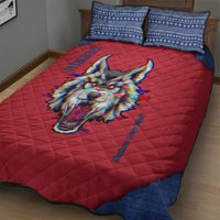 Red quilt bed set with blue-edge border, colorful wolf graphic, and two blue shams