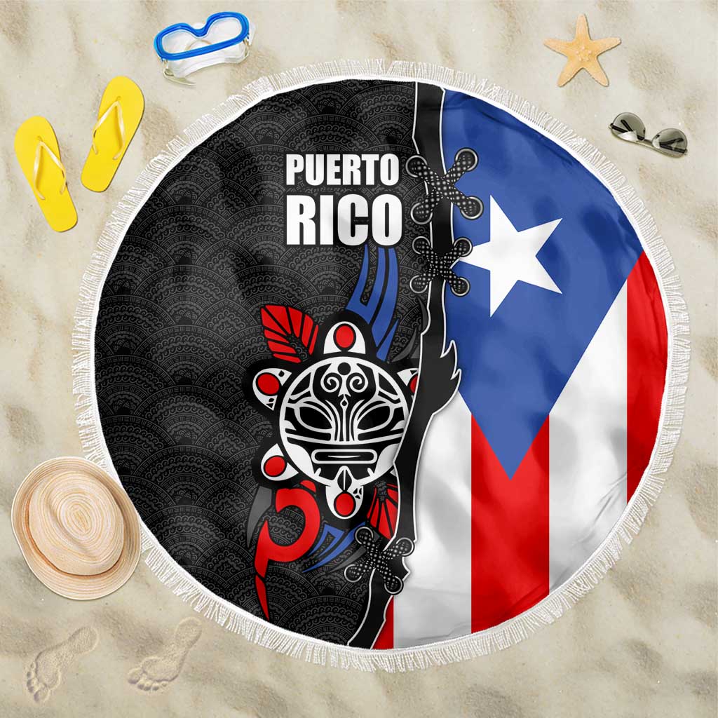 Puerto Rico beach blanket with black tribal figure and Puerto Rico flag colors, fringed edge