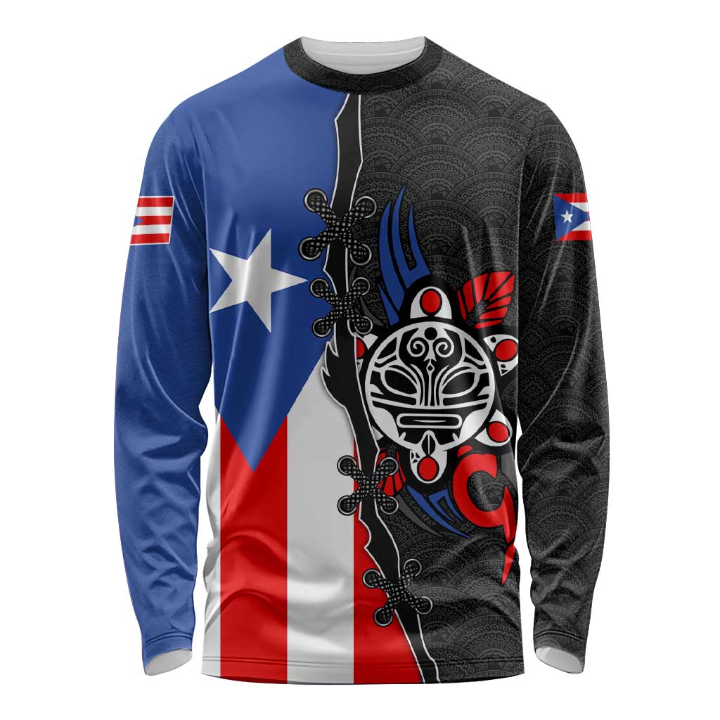 Multicolor Puerto Rico long-sleeve shirt with flag color blocks and tribal sun graphic
