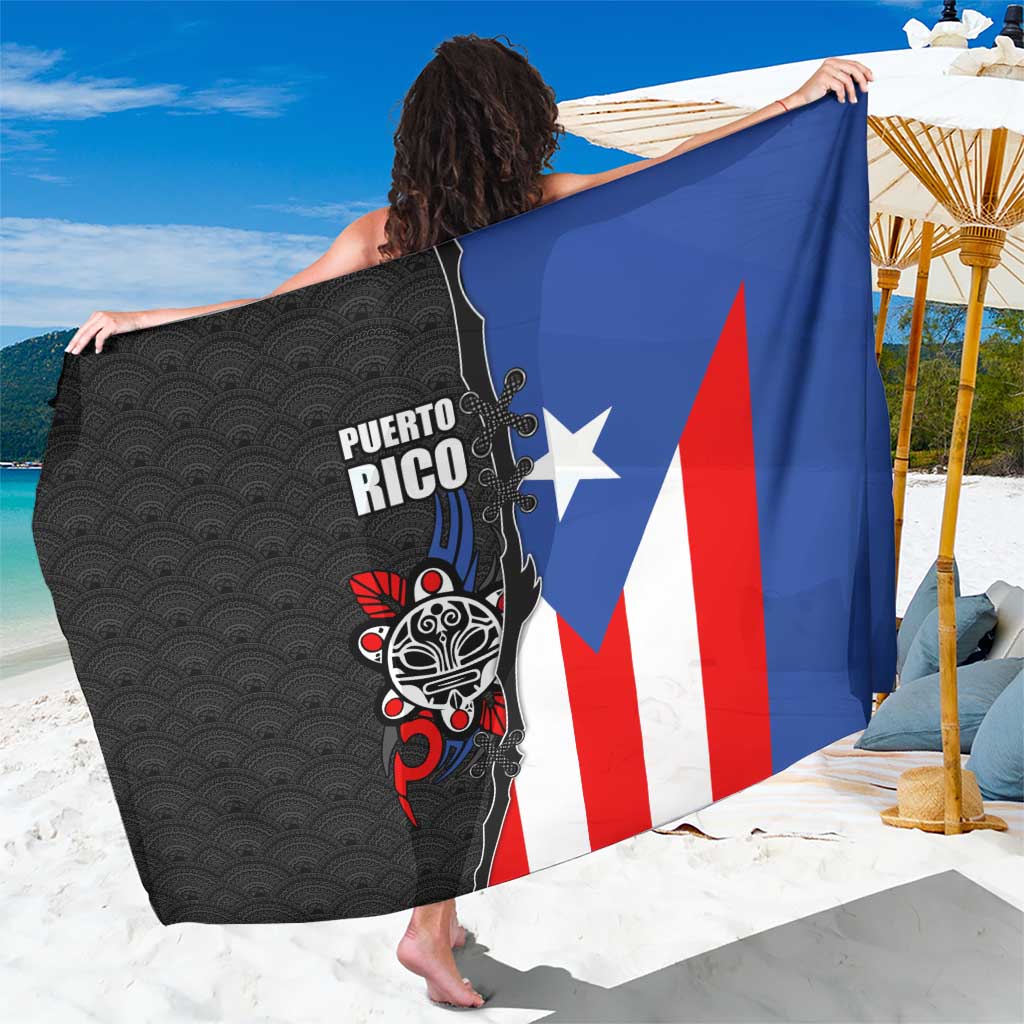Puerto Rico sarong with black tribal sun and flag color block design in blue and red
