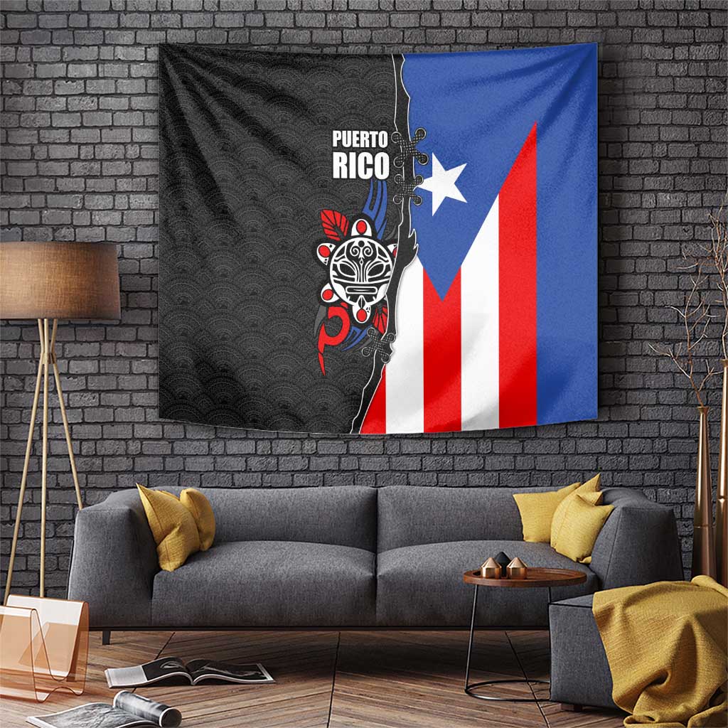 Puerto Rico tapestry with tribal mask and Puerto Rico flag color block design