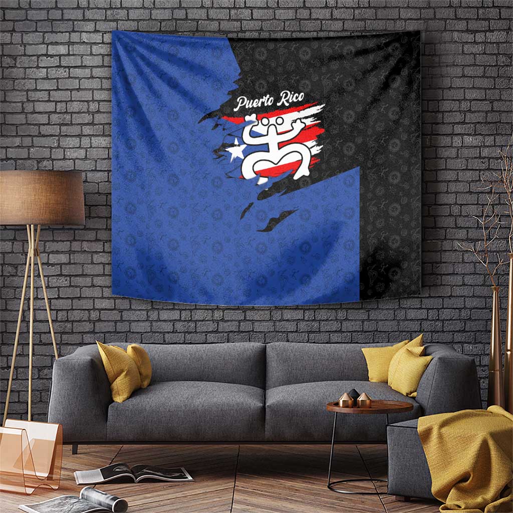 Puerto Rico tapestry wall hanging with coqui frog emblem and distressed flag, blue and black