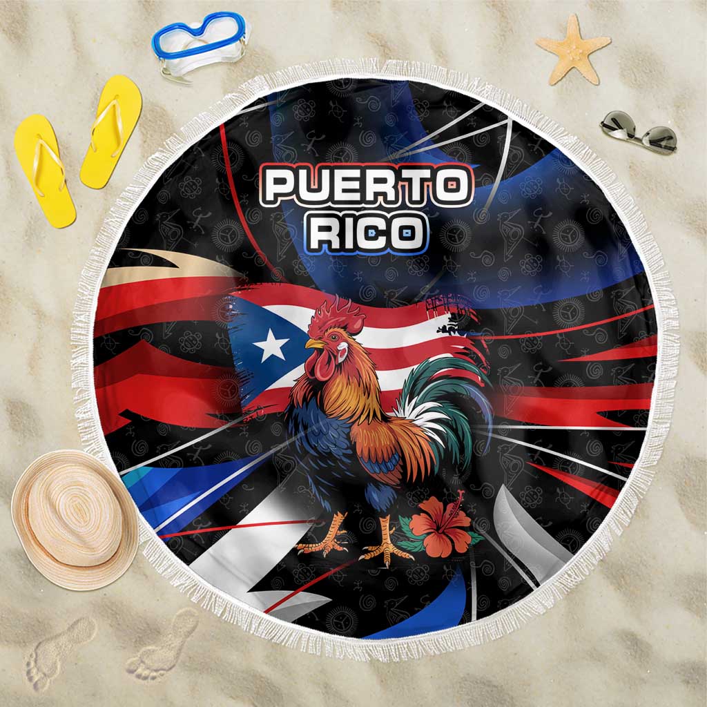 Puerto Rico Rooster Beach Blanket with Flag Design and Tropical Hibiscus Flowers