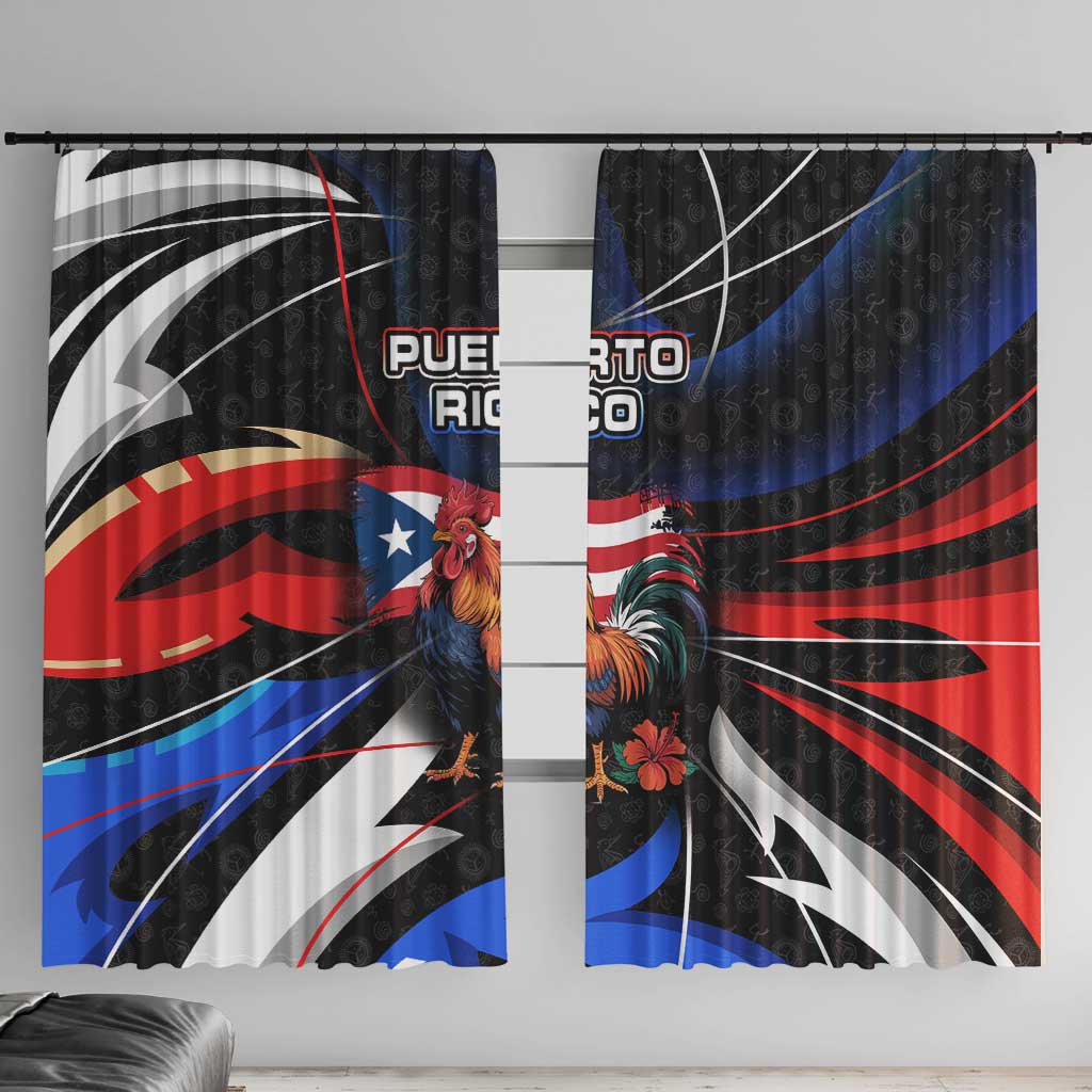 Rooster window curtain with Puerto Rico flag design and hibiscus flowers, multicolor