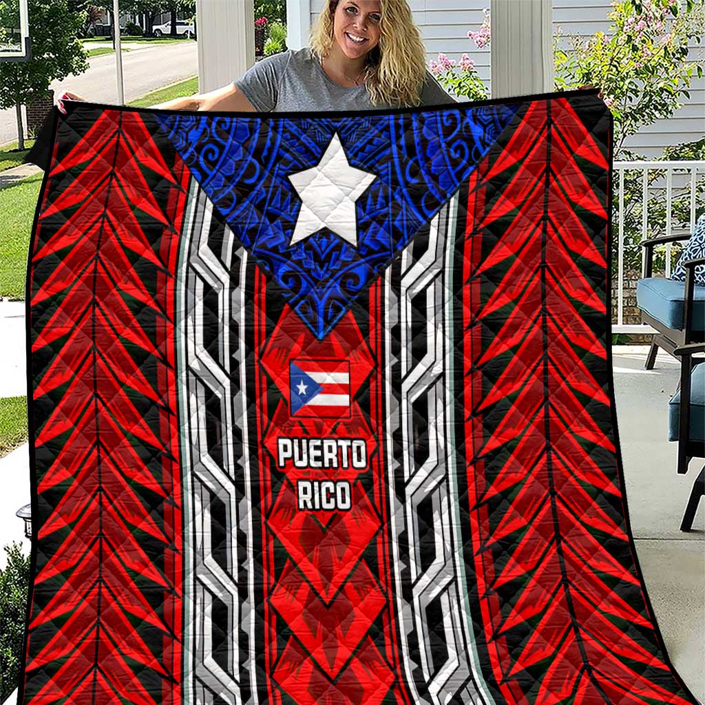 Puerto Rico quilt with blue star, red-and-black tribal chevrons, and Puerto Rico text