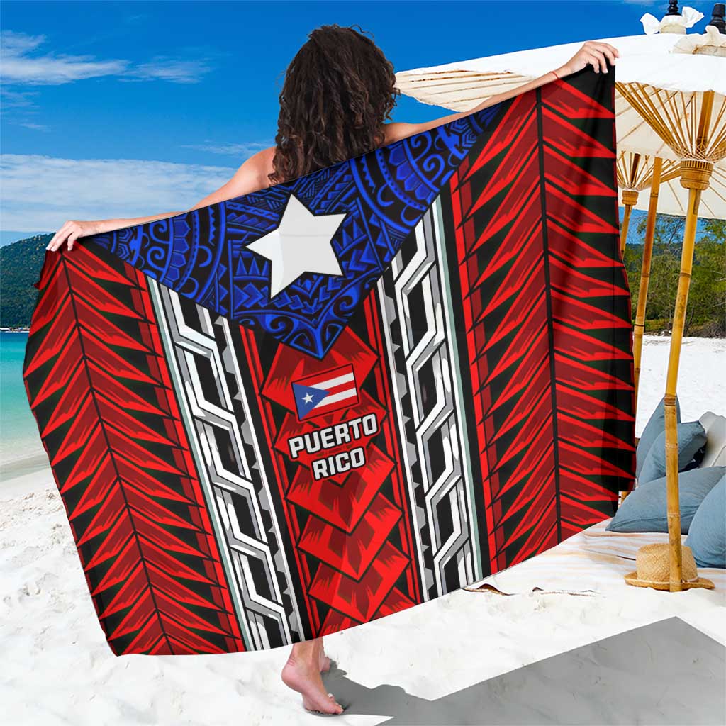 Puerto Rico sarong with red, blue, and white tribal geometric print, star and crest.
