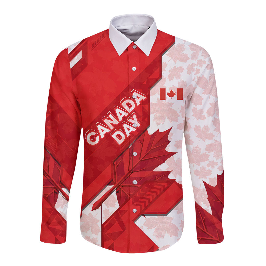 Canada Day Patriotic Maple Leaf Long Sleeve Button Shirt Geometric Rocky Mountain Art Heritage 1867 Graphic