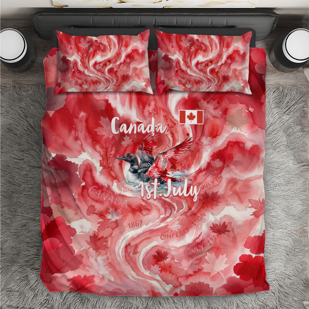 Canada Day Loon And Maple Leaf Bedding Set Watercolor Nature Scenery Mari Usque Ad Mare Artistic