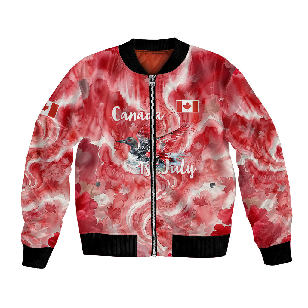 Canada Day Loon And Maple Leaf Bomber Jacket Watercolor Nature Scenery Mari Usque Ad Mare Artistic
