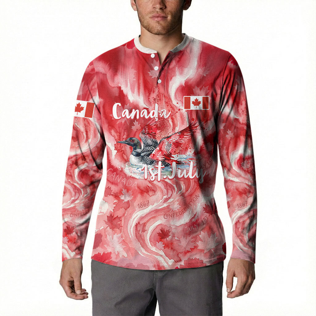 Canada Day Loon And Maple Leaf Button Sweatshirt Watercolor Nature Scenery Mari Usque Ad Mare Artistic
