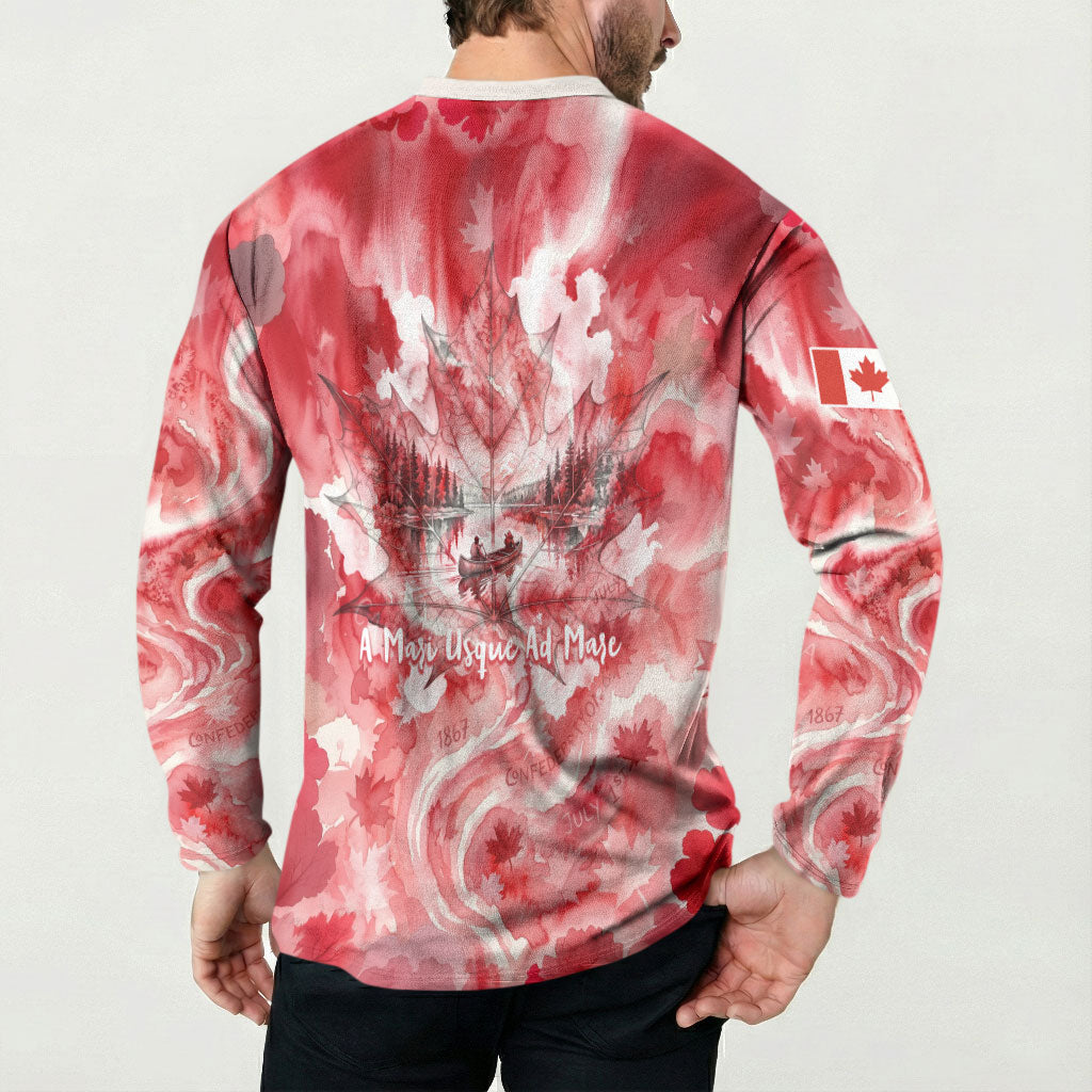 Canada Day Loon And Maple Leaf Button Sweatshirt Watercolor Nature Scenery Mari Usque Ad Mare Artistic