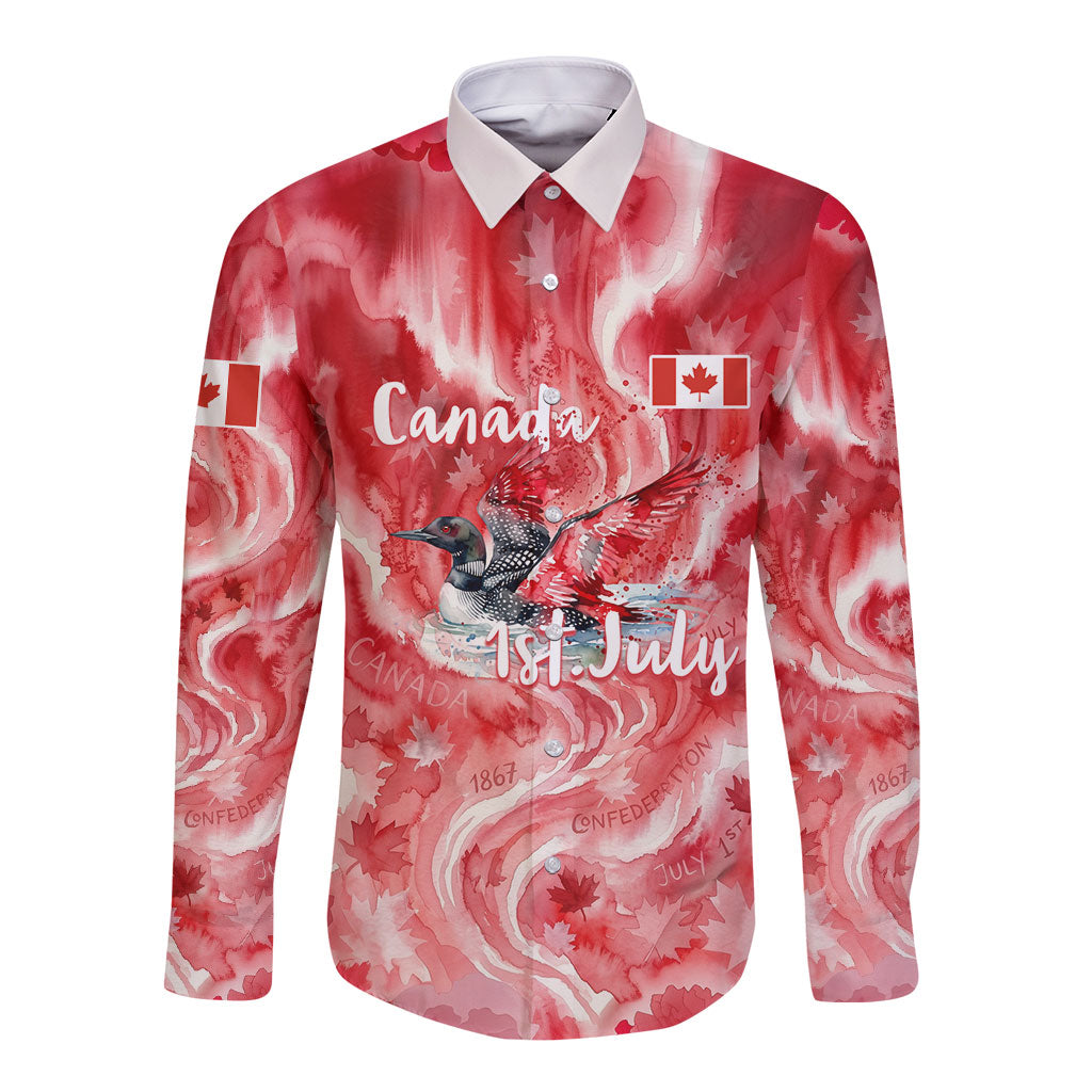 Canada Day Loon And Maple Leaf Long Sleeve Button Shirt Watercolor Nature Scenery Mari Usque Ad Mare Artistic