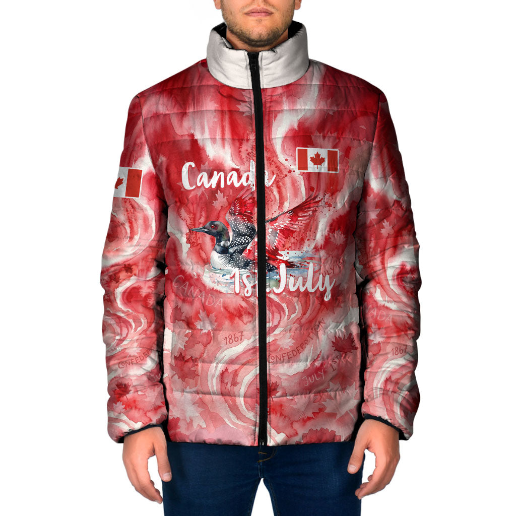 Canada Day Loon And Maple Leaf Padded Jacket Watercolor Nature Scenery Mari Usque Ad Mare Artistic