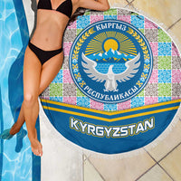 Kyrgyzstan Colorful Patchwork Pattern Beach Blanket with National Crest and Flag Accents