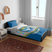 Kyrgyzstan Colorful Patchwork Pattern Bedding Set with National Crest and Flag Accents
