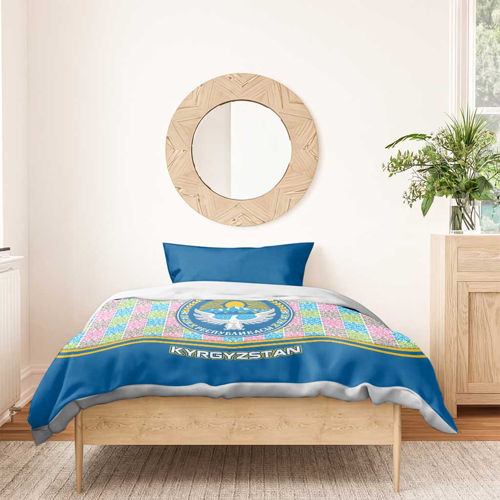 Kyrgyzstan Colorful Patchwork Pattern Bedding Set with National Crest and Flag Accents