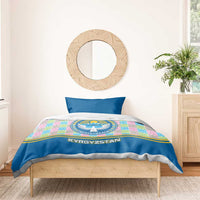 Kyrgyzstan Colorful Patchwork Pattern Bedding Set with National Crest and Flag Accents