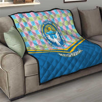 Kyrgyzstan Colorful Patchwork Pattern Quilt with National Crest and Flag Accents