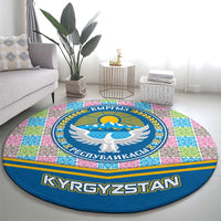 Kyrgyzstan Colorful Patchwork Pattern Round Carpet with National Crest and Flag Accents